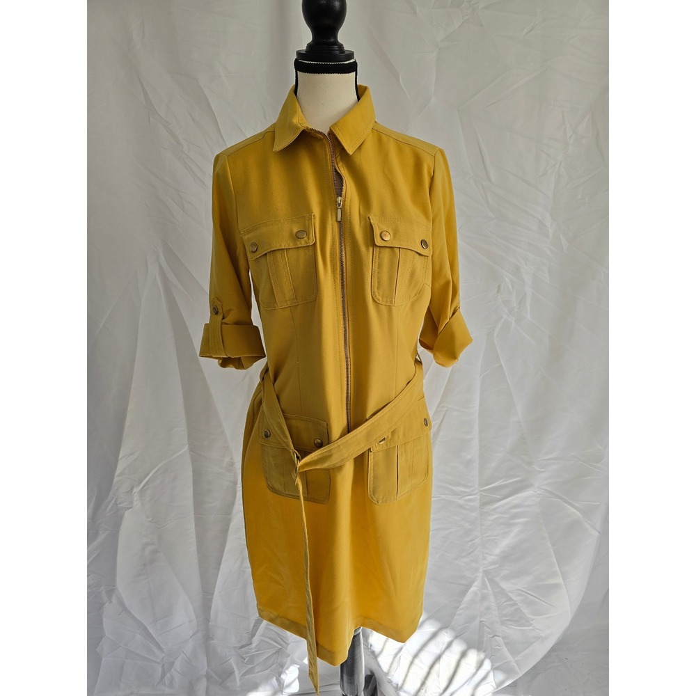 Sharagano Women's Mustard Yellow Safari Shirt Dress Belted Utility‎ Pockets 10P